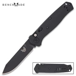 All black benchmade automatic pocket knife with milled chevron G10 handle and "benchmade" inscription on the blade.