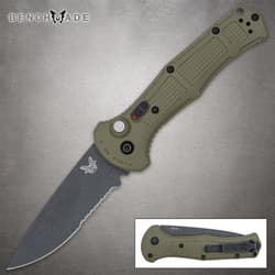 Olive drab folding knife with serrated blade and textured handle