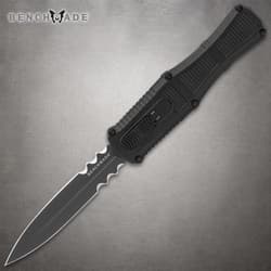 Black serrated knife with textured handle on gray background
