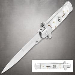 White pearl stiletto knife with stainless steel blade