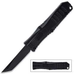 The Mini Black Automatic OTF Knife is quick and tactical with its double action trigger and OTF design