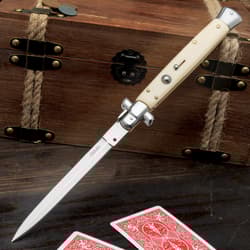 The Automatic Italian Ivory Stiletto Knife shown fully deployed