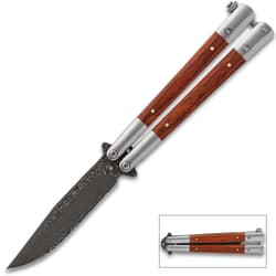 Open butterfly knife with wooden handles and Damascus blade