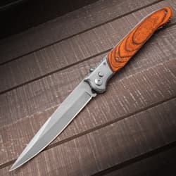 The Pakkawood Automatic Knife shown in its fully deployed position
