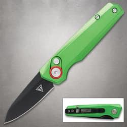 Green folding knife with black blade and button lock
