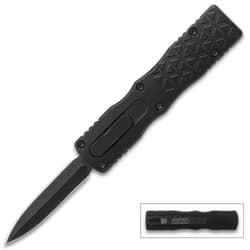 Full image of the ShadowMaster Mini OTF Automatic Knife open and closed.