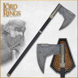 Lord of the Rings replica stainless steel bladed axe with authentic Gimli markings and a plaque