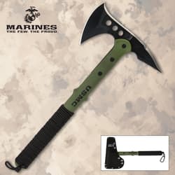 USMC tactical tomahawk with green handle and black blade