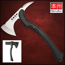 Curved tomahawk axe with a black nylon textured handle and stainless steel blade with Honsu printed in black on the center on a background of tactical gear.