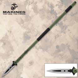 Green survival spear with black blade and USMC logo
