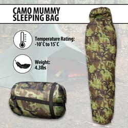 The Camo Mummy Sleeping Bag shown in use