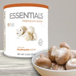 The Emergency Essentials Mushroom slices in their container and in a bowl