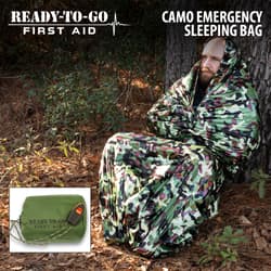 Full image of a person in the Ready-To-Go First Aid Camo Emergency Sleeping Bag.