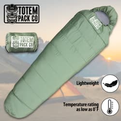 Full image of the Totem Pack Co. Army Green Mummy Sleeping Bag and the carrying bag.