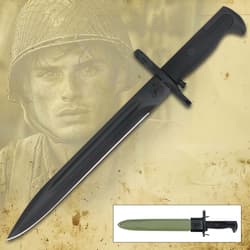 Black bayonet with soldier background and green scabbard inset