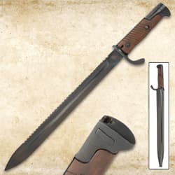 Sawback bayonet with wooden handle and scabbard