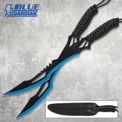 Two black and blue machetes with paracord handles and sheath