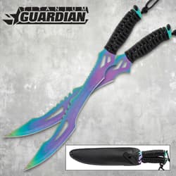 Two rainbow titanium machetes with black handles and sheath