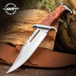 Gil Hibben 3 Knife Rambo Knife with polished, full tang blade with deep groove and serrated spine near the handle.Blades sharp curved edged handle Heavy-duty laminated wood handle