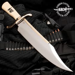 Gil Hibben “Expendables” Bowie Knife has a synthetic ivory handle with “Expendables” artwork and 14” 3Cr13 stainless steel blade.