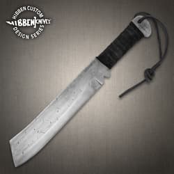 Large machete with a wrapped handle and engraved blade