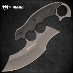 A uniquely designed fixed blade, which combines elements from the traditional karambit and ulu knife, along with a modified knuckle guard