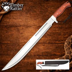 Large machete with wooden handle on wooden background