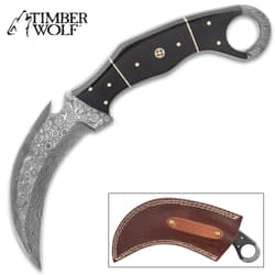 Timber Wolf Attila Karambit Knife - Damascus Steel Blade, Full-Tang, Micarta Handle Scales, Open-Ring Pommel - Length 9”