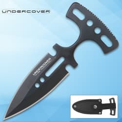 Black push dagger with sheath on blue background