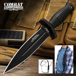 United Cutlery Commander Black Boot Knife has a black coated stainless steel blade and shoulder harness.