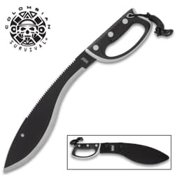 Black kukri machete with serrated back and sheath