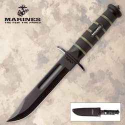 USMC knife with black blade and textured handle
