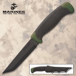 Black knife with USMC logo and green accents