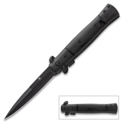 Black stiletto knife with a sleek design and sharp blade