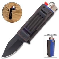7 different colored (from top to bottom - gold, black, silver, blue, green, yellow, red) pocket knife/lighter combination with black pocket clip.