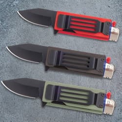 7 different colored (from top to bottom - gold, black, silver, blue, green, yellow, red) pocket knife/lighter combination with black pocket clip.