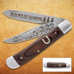 Pocket knife with engraved blades and wooden handle