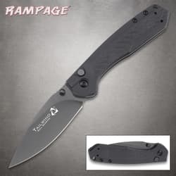 Black folding knife with textured handle and open blade