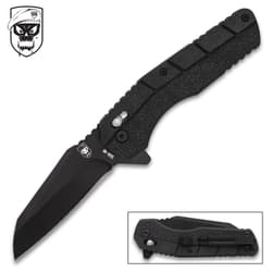 folding knife with textured handle and logo
