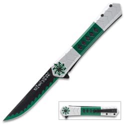Folding knife with green and silver handle, black blade