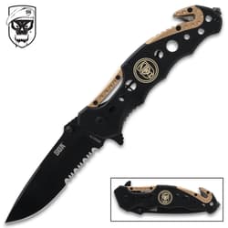 Black and tan folding knife with skull logo