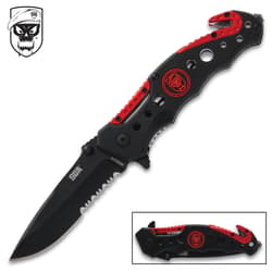 Black and red folding knife with serrated blade