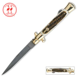 Kissing Crane Burnt Bone Stiletto Knife - Damascus Blade