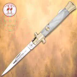 Kissing Crane Mother of Pearl Stiletto Pocket Knife has a mirror-polished stainless steel blade and mother of pearl handle.