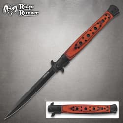 Full view of Ridge Runner Speed Demon brown stiletto knife with wooden handle and black steel blade