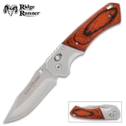 Folding knife with wooden handle and stainless steel blade