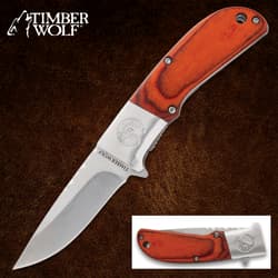 Timber Wolf folding knife with wood handle and stainless steel blade