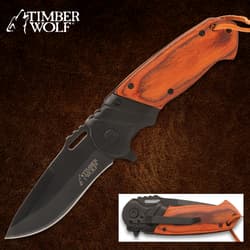 Timber Wolf folding knife with wood handle and black blade