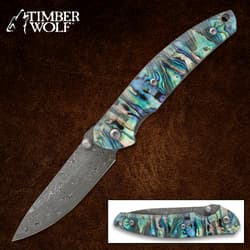 Colorful pocket knife with abalone handle and etched blade