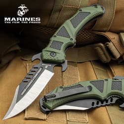 The USMC OD Green Pockeet Knife on display and another on in closed position showing the clip.